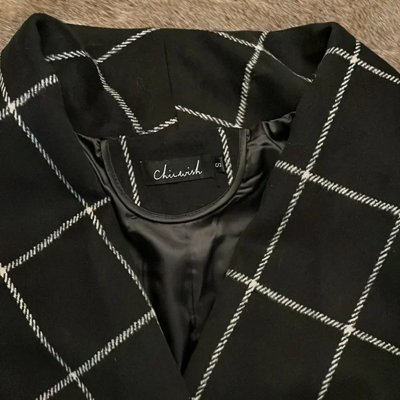 Chicwish Shawl Collar Black w/ White Grid Asymmetric Hem Wool Blend Coat Small - Picture 2 of 11